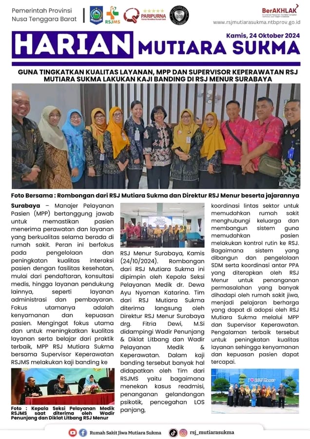 GUNA TINGKATKAN KUALITAS LAYANAN, MPP DAN SUPERVISOR KEPERAWATAN RSJ MUTIARA SUKMA LAKUKAN KAJI BANDING DI RSJ MENUR  SURABAYA